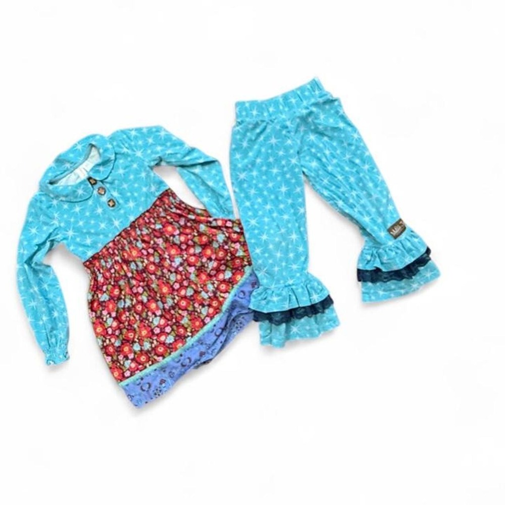Matilda Jane Girls Size 8 Blue Floral Mixed Print Ruffle Long Sleeve Dress